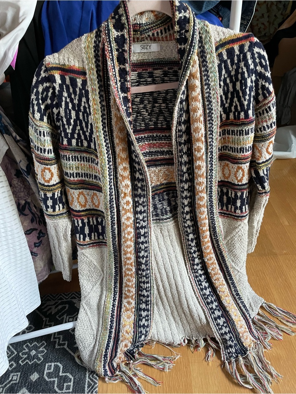 Suzy Open-Front Ivory & Black & Gold Patterned Fringe Cardigan Sweater